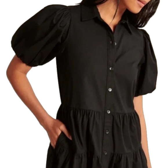 Abercrombie & Fitch Poplin Puff Sleeve Button Down Tiered Mini Dress Black XSP - Picture 3 of 7